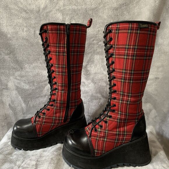 Demonia Women's 3.5" Platform Boots Size 7 Scene 100 Red Tartan Plaid 15” Tall - Picture 4 of 16